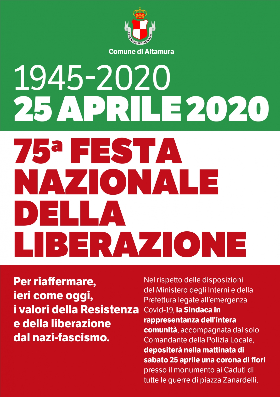 Celebrazioni Festa Nazionale della Liberazione 25 Aprile 2020